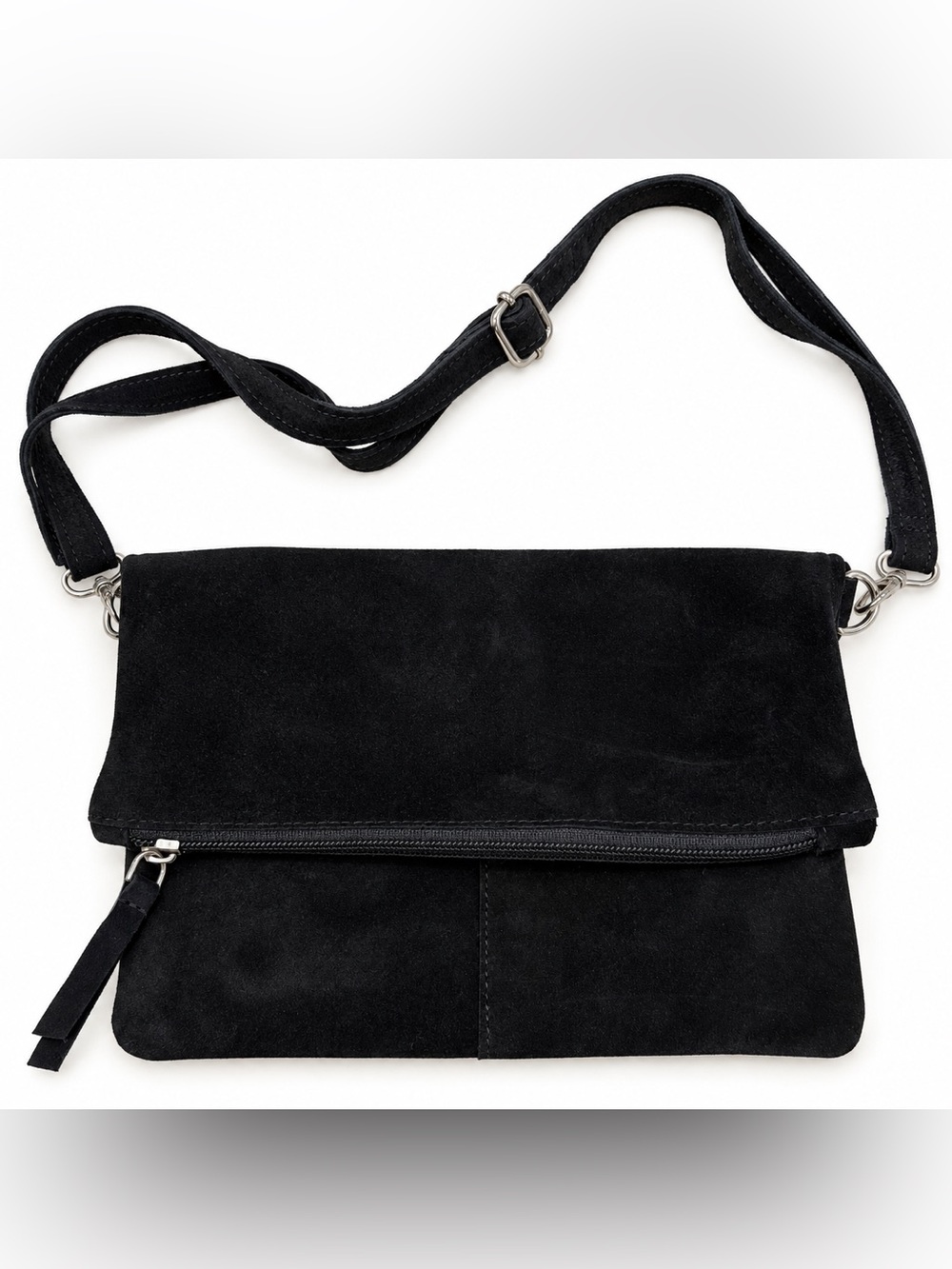 Black Genuine Leather Suede Foldover Crossbody Bag Convertible Clutch